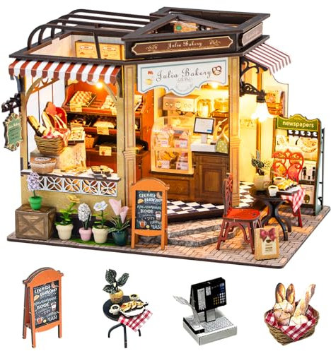 HIGSPE Maquette Miniature DIY Kit, Maison de poupée en Bois avec Meubles et lumières LED, 3D Maquette Maison A Construire Adulte, Kit Boulangerie Pain Modèle DIY pour Anniversaires, Noël