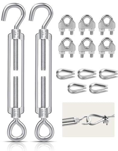 TPZORJX 2 pernos M6, 5 manguitos para cuerda de alambre, 6 abrazaderas para cuerda, pernos ajustables con orificios para ganchos para cuerdas, toldos, alambre de jardín, tensores de valla