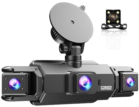 Dashcam 4 Cámaras HD (1080P Delantera + 3x720P) con Vigilancia 24h - Pantalla 3.2 + 64GB Integrado - Sensor de Golpes & Visión Nocturna