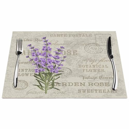 Walmsco Placemats Purple Lavender Decor For Dining Room Kitchen Table,Waterproof Non-Slip Washable Heat Resistant Placemats,Set of 4,12x18