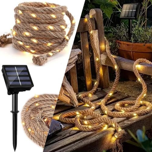 Solar Lichterkette Seil,15M Solarseil Lichterkette mit 300 LEDs,Solar Hanfseil Lichterkette,Wasserdicht Fee Lichterkette Aussen,Solar Rope Lights für Garten Balkon Terrasse Weihnachten Party