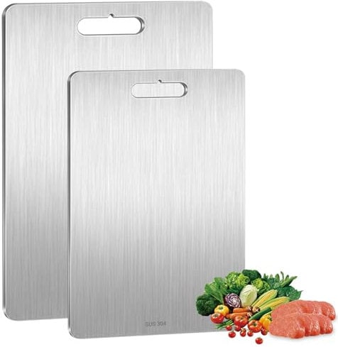 KIMIGO Lot de 2 Planche à Découper 304 Acier INOX Professionnelle pour Cuisine, Double Face, Qualité Alimentaire, Antidérapante & Antibactérienne (34x23cm & 25x15cm) - pour Viande, Légumes, Fruits