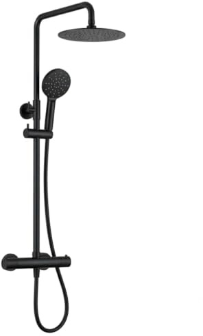 Thermostatic Shower Mixer Set, Round Rainfall Shower Head with Adjustable Riser Rail, Mixer Shower Bar for Bathrooms, Brass Constructed (Black)