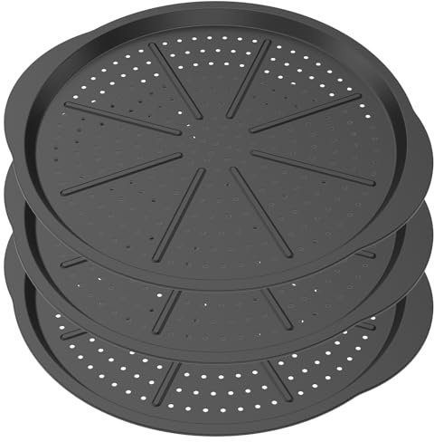 3 Stück Pizzablech Rund 33cm Kohlenstoffstahl Pizza Backblech mit Griff Antihaftbeschichtet Pizzablech Rund Gelocht Pizza Backblech für Torten Brot Kuchen