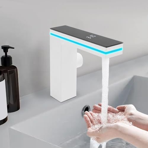 Mischbatterie Wasserhahn Bad Einhebel-Waschtischarmatur, Moderne Waschbecken Armatur Badezimmer mit LED-Temperaturanzeige und Beleuchtung (Weiß)