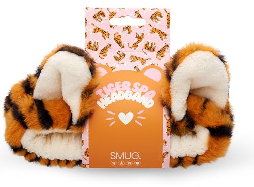 SMUG Novelty Spa Headband | Soft Coral Fleece Makeup Headband for Face Wash, Skincare, Beauty & Shower | Cute Elastic Hair Band for Women & Girls | Tiger