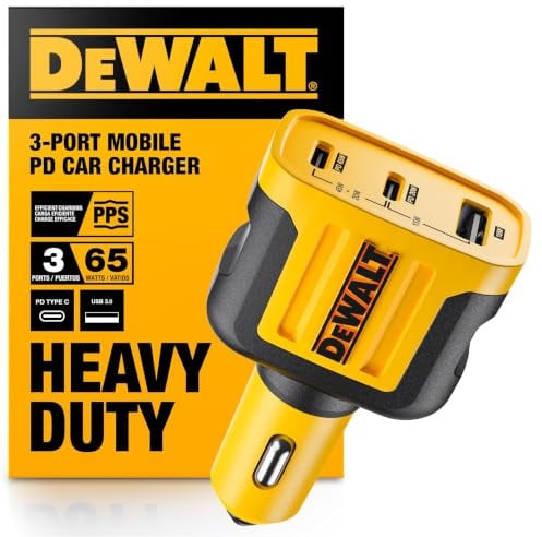 DEWALT PD 65W 3 Port Car Charger - USB-C PPS Fast Charging Adapter for Laptops, Phones and Tablets, Dual USB-C + USB-A Ports, 65W Total Output for a