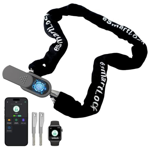 Eseesmart Lucchetto a catena per bicicletta, ad alta sicurezza, con chiavi, impronte digitali, Bluetooth, elettronico, biometrico, resistente, impermeabile, per moto, bicicletta eBike