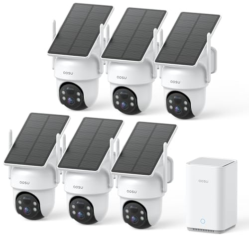 aosu 3K Camera Surveillance WiFi Exterieure sans Fil Solaire, Kit 6 5MP Caméras & 2.0 aosuBase, sans Abonnement, 32 Go Local & 1 to Extensible, Détection IA PTZ 360° Suivi Auto Personne & Véhicule