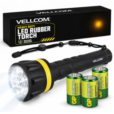 Vellcom™ 7 LED HiBright Large Heavy Duty LED Torch Flashlight – 3 * D Batteries Included - Super Bright Tough Rubber Torch, 3 Battery Powered Weatherproof Rubber with Wrist Strap - RT5150-7