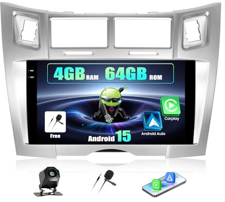SIXWIN 4+64G Android 15 Autoradio für Toyota Yaris/Vizi 2005-2011 mit CarPlay/Android Auto, 9'' HD InCell Touchscreen mit WiFi GPS Bluetooth 5.0 FM/RDS Radio EQ USB+Rückfahrkamera