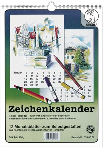 Ursus 5330000 - Zeichenkalender A4, A4, 190 g/m², 12 Monatsblätter zum Selbstgestalten, aus hochfeinem weißen Zeichenkarton, zum Basteln und Malen