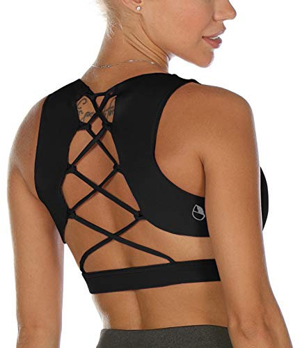icyzone Damen Sport-BH Gepolstert Gekreuzt Rücken Sport Bra Ohne Bügel Fitness Yoga BH(S, Black)