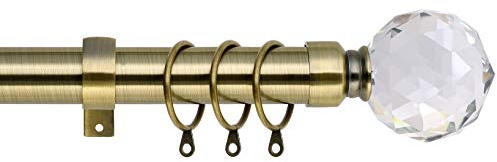Crystal Ball Extendable Curtain Pole. Includes Pair Of Superior 60mm Size Finials, Rings, Brackets & Fittings Set. (Antique Brass, 160cm - 300cm, 63 Inch to 118 Inch)