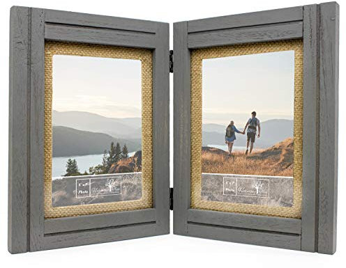 Rustikaler Bilderrahmen, 12.7 x 17.8 cm, Jute-Matte, künstliches Holz, Bauernhaus-Dekor, vertikale Fotos, Halterungen zum Aufhängen an der Wand oder auf dem Tisch oder Schreibtisch – Grau/Grau