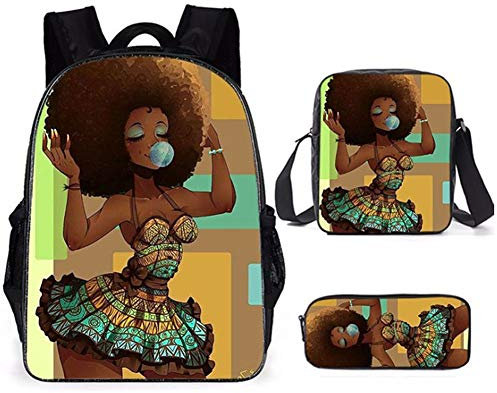 NANANA 3 Stück Langlebige Studententasche Afrikanisches Mädchen Große Kapazität, Kinder Jungen Rucksack Schule Büchertasche Lunch Bag Bleistifttasche 15 Zoll Laptop Rucksack, 40x30x15cm,#21