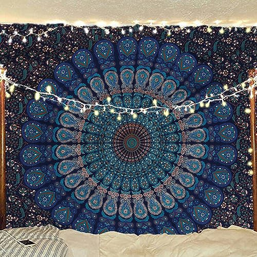 Bless International Handgefertigte indische Mandala-Wanddeko, Boho, psychedelisch, Pfauen, Stranddecke, Tischdecke, Bettüberwurf, Tapisserie, mittelgroß, 137 x 152 cm, Blau/Grün