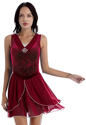 ranrann Damen Ballettkleid Ballettanzug Ärmellos Gymnastikanzug Turnanzug Samt Top Oberteil mit Strass Chiffon Rock Frauen Tanzbekleidung Performance Burgundy L