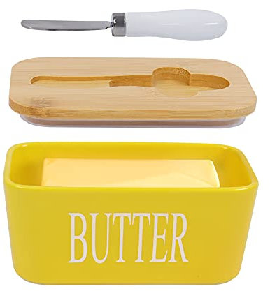 Porcelain Butter Dishes with Lids, Airtight Silicone Butter Box Butter Container for Butter,Nuts, Cheese,Yellow+ButterKnife