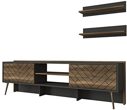 moebel17 6528 Strato Wohnwand TV Lowboard Schrankwand Mediawand, Anthrazit Walnuß, Holz, Hängeregale, viel Stauraum, für Wohnzimmer, Designerstück, 184 x 54 x 35 cm