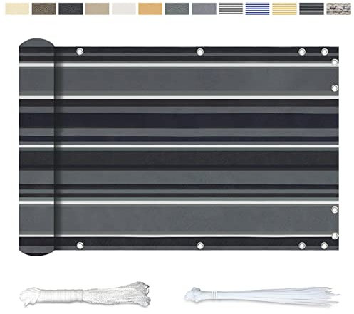 YangAera Balkon Sichtschutz 55x400CM, Windschutz Wasserdicht und UV-Schutz Balkonabdeckung - mit Ösen Kabelbinder und Kordel, für Balkongeländer Terrasse Garten (Schwarze und Weiße Streifen)