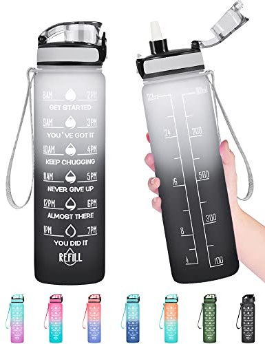 Enerbone 32 OZ Water Bottle, Leakproof BPA & Toxic Free, Motivational with Times to Drink, Fitness Sports Bottle with Strap for Office, Gym, Outdoor Sports, Gray-Black