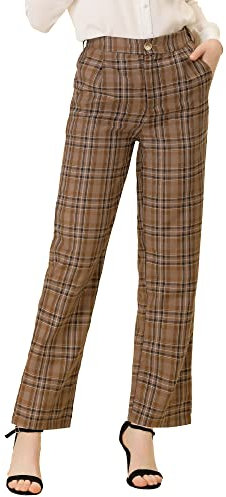 Allegra K Damen Plaid Hosen Elastische Taille Casual Arbeit Büro Lange Hosen, braun, Klein