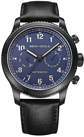 SEA-GULL Seagull Herren-Armbanduhr, modisch, Sport, multifunktional, Saphir, leuchtend, automatisch, mechanisch, Pilot-Serie, blau, Armband
