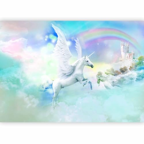 murando Photo Wallpaper Nursery 450x315 cm / 177x124 | Non-woven Premium Art Print Fleece Wall Mural Decoration Poster Picture Design Modern Unicorn Rainbow Castle Clouds Pegasus