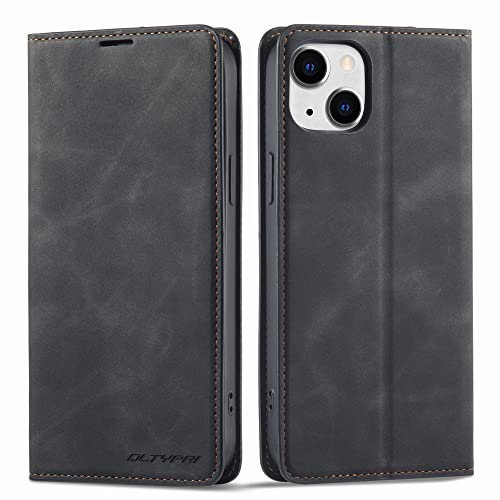 QLTYPRI Case for iPhone 14, Premium PU Leather Cover TPU Bumper with Card Holder Kickstand Hidden Magnetic Adsorption Flip Wallet Case Cover for iPhone 14 - Black