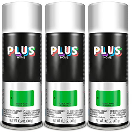 PLUS HOME Pintura Spray 520cc para pintar todo tipo de super cies: madera, metal, cartón, tela, piedra, bra de vidrio, plásticos rígidos, etc para bricolaje y DIY.Verde Hoja (Ral:6018)(Paquete de 3)
