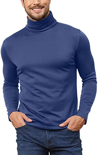 Hoefirm Men's Polar Neck Pullover Basic Warm Tops Turtleneck Knit Jumper Slim Fit Sweater Funnel Cotton Wool Navy XL