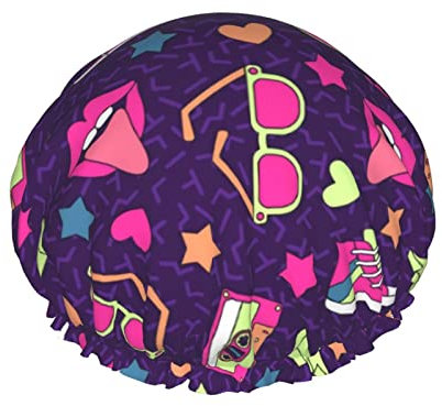 Duschhaube Retro 80er 90er Vintage Wiederverwendbare Bad Duschhauben Für Frauen Langes Haar Doppelschicht Wasserdichter Badeduschhut Haarschutz Für Mädchen Frauen 1 Packung