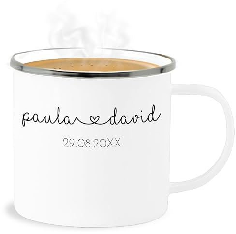 Emaille Becher Blechbecher - Hochzeit - Tassen - Partner Jahrestag Datum Hochzeitstag Verlobung - 300 ml - Weiß Silber - für ihn hochzeits paar tasse hochzeitsgeschenk paare blechtasse