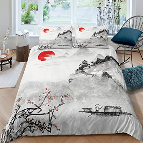 XPINGO Erwachsene Bettwäsche Japan 220x240 cm 3teilig 100% Mikrofaser Sommer Weiche Winter Warm Bettbezüge mit Reißverschluss 3D Abstraktion Aquarell Bettbezug mit 2 Kissenbezüge 80x80 cm