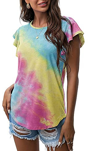 KCatsy Women Multi-Colour Tie-Dye Print Pattern Graphic Summer Top Ruffle Flounce Short Sleeve Crew-Neck Casual Elegant Shirt Loose T-Shirt Tee Blouse G Tie Dye Yellow 2XL 18