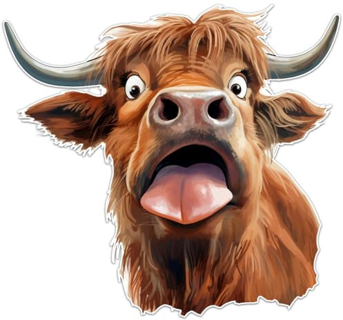 Hodge Creations Pack of 4 Funny Face Highland Cow Vinyl Decal Sticker Car Wall Laptop Scrapbook Campervan Caravan Bumper Sticker Window