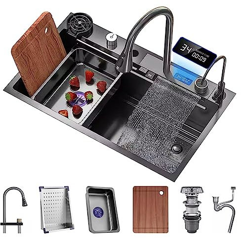 Edelstahl Wasserfall Waschbecken Mit Display Screen Single-Bowl Küchenspüle RV Waschbecken Mit Cup Washer Wasserfall Pull-Down Wasserhahn Und Komplettes Zubehör Set (Color : Schwarz, S : 75x45x22cm