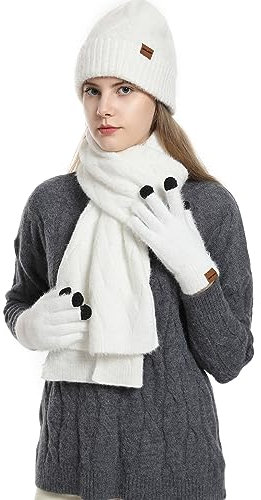 CAMLAKEE Damen Mütze Schal Handschuhe Set Frauen Winter Beanie Wintermütze DamenSchal Handschuh für Teenager Mädchen Weiß