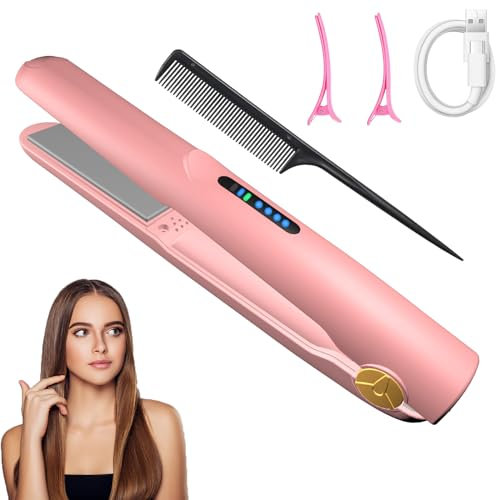 Piastra per Capelli Senza Filo, 2 in 1 Piastra e Arricciacapelli Cordless, Piastra Riscaldante PTC con Temperature 3 Livelli Piastra da Viaggio con Funzione Ricaricabile USB Portatile 2600mAh Rosa