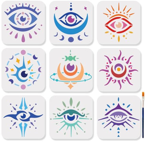 MAYJOYDIY 9 Stück Magische Bösen Augen Schablonen 15x15cm Wiederverwendbar Teufelsauge Mondphasen Stern Zeichenschablonen Geheimnisvolle Magische Themen Schablonen Für Wände Möbel Leinwand