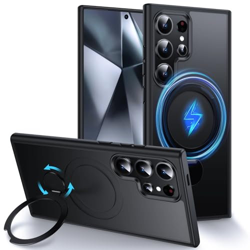 FNDMIL [360°Drehbarer Magnet Ring] für Samsung Galaxy S24 Ultra Hülle mit MagSafe[NO.1 Magnetisch Ständer][Militärschutz][Translucent Matt Hardcase]mit Silikon für Galaxy S24 Ultra Case Dünn，Schwarz