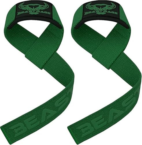 BEAST RAGE Zughilfen für Krafttraining (Fitness Straps) Kreuzheben Gurte Frauen Männer (Gepolstert) Gewichthebergurte Baumwolle Handgelenkstütze Griffe Hantel Bar (Lifting Straps) (Grün Aktiv)