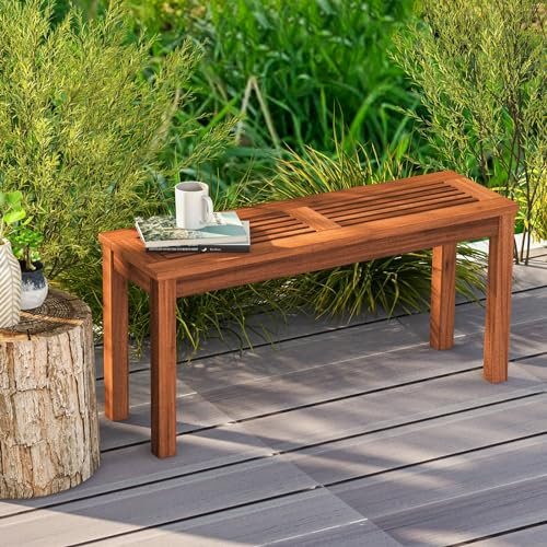 GOPLUS Banc Terrasse Bois Massif pour 2 Places, Banc à Lattes 100 cm Intérieur et Extérieur, pour Jardin, Terrasse, Piscine Entrée, 100 x 30,5 x 47 cm (1)