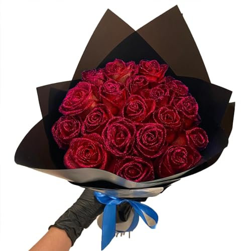 Glitter Rose Bouquet,Artificial Rose Flowers Bouquet,Glitter Everlasting Rose Bouquet,DIY Bouquet Shiny Fake Rose Bouquet Love Gift for Valentine's Day Gift (Red,9 Pcs)
