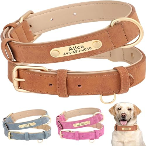 SEOUGEE Personalisiertes Hundehalsband aus Leder, weich gepolstert, strapazierfähig, mit individuellem Namensschild, verstellbar für kleine, mittelgroße und große Hunde (XL, Kamel, 42–55 cm)