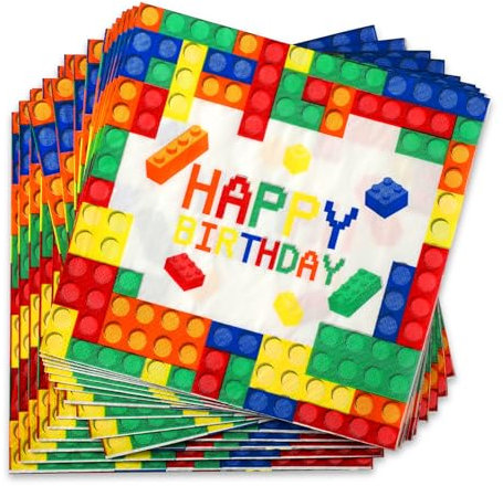 Tenare 32 Stück Bausteine Servietten Mittagessen Papier Servietten Mehrfarbige Party Servietten Festliche Einweg Servietten Bausteine Dekorationen für Geburtstagsparty Kinder Junge, 16,5 x 16,5 cm