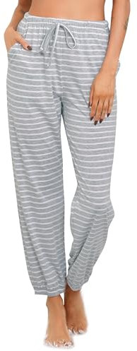 Vlazom Pantaloni del Pigiama Donna A Righe Cotone Lungo Morbidi Pantaloni da Notte con Tasche per Loungewear Casa Tempo Libero，Striscia grigio chiaro，M