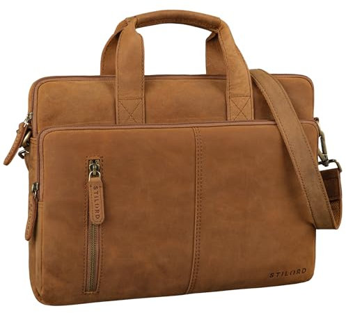 STILORD 'Raihn' Porte-Documents 13.3-14 Pouces Cuir Pochette Ordinateur Étroite Sac de Travail Homme Housse Pc Portable en Cuir Veritable, Couleur:tan - marron - scuro