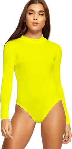 Crazy Fashion Bodysuits For Women UK Casual Long Sleeve Womens Turtle Neck Bodysuit Plain Polo High Neck Tops Ladies T-Shirts Stretch Leotard Top Yellow-10-12